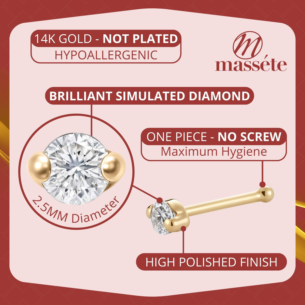 Infographic 2 for 14k yellow gold 2 prong CZ nose stud, 20 gauge by Massete