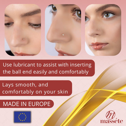 Model wearing 14k yellow gold 2 prong CZ nose stud, 20 gauge by Massete, view 3