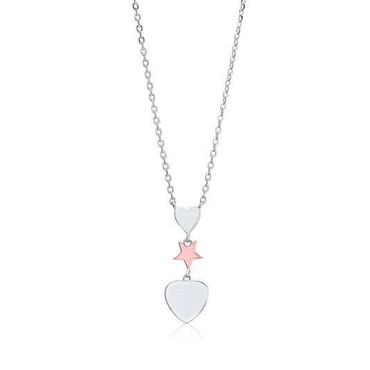 MASSETE Sterling Silver 925 Triple Dangle Heart and Gold Plated Star Pendant Necklace Rolo Chain 17" by Massete