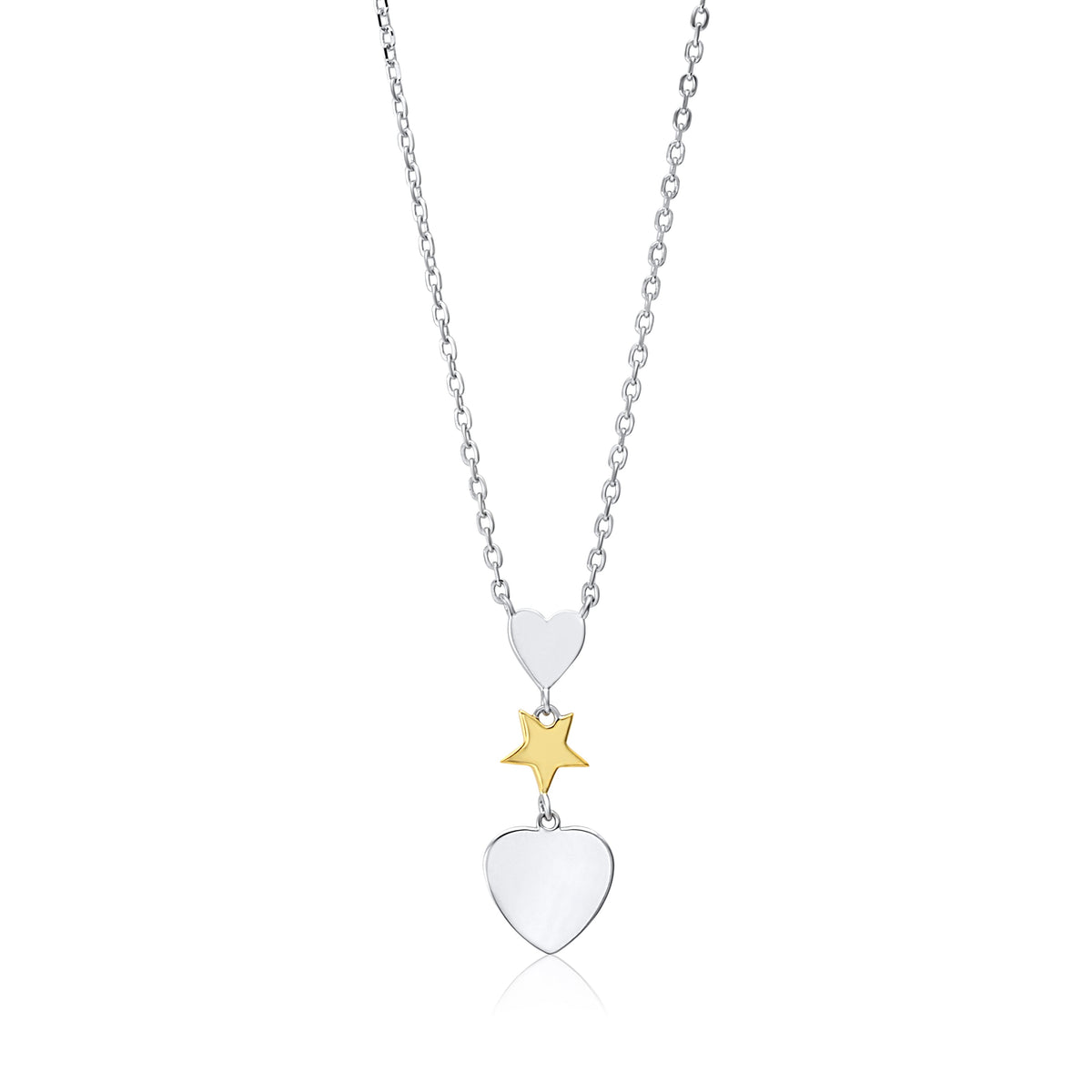 MASSETE Sterling Silver 925 Triple Dangle Heart and Gold Plated Star Pendant Necklace Rolo Chain 17" by Massete