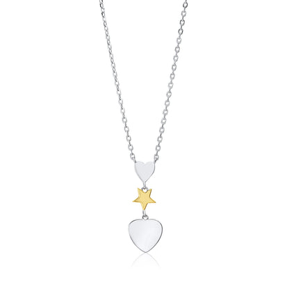 MASSETE Sterling Silver 925 Triple Dangle Heart and Gold Plated Star Pendant Necklace Rolo Chain 17" by Massete