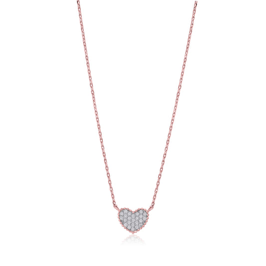 MASSETE Sterling Silver 925 Rose Gold Plated Heart Beaded Pave CZ Pendant Necklace Rolo Chain 17" by Massete