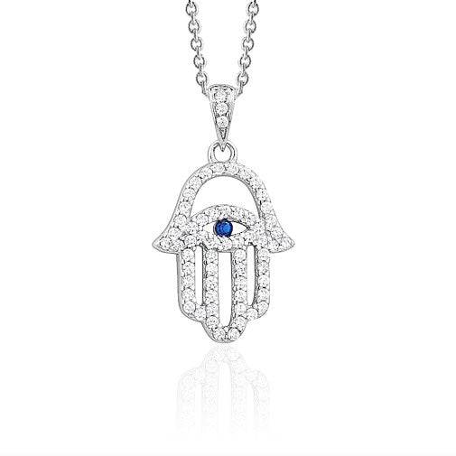 Sterling Silver Hamsa Necklace Pendant for Girls with Simulated Diamonds 17.5" by Massete