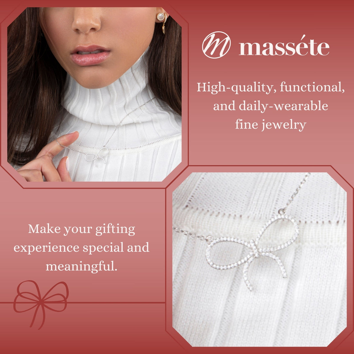 Sterling Silver Necklace Pendant for Girls Large Bow with Simulated Diamonds 17" by Massete