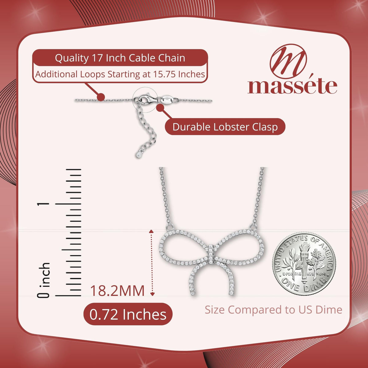 Sterling Silver Necklace Pendant for Girls Large Bow with Simulated Diamonds 17" by Massete