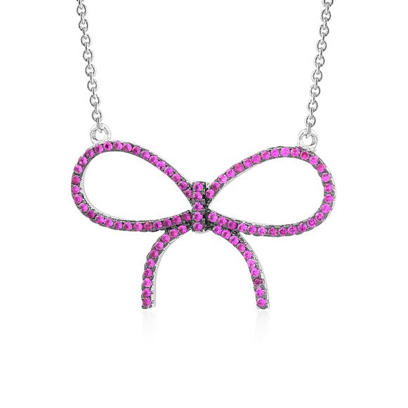 Sterling Silver Necklace Pendant for Girls Large Bow with Simulated Diamonds 17" by Massete