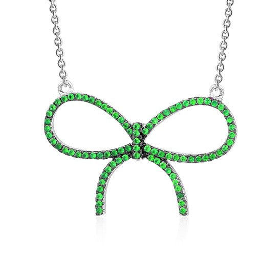 Sterling Silver Necklace Pendant for Girls Large Bow with Simulated Diamonds 17" by Massete