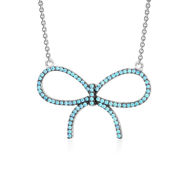 Sterling Silver Necklace Pendant for Girls Large Bow with Simulated Diamonds 17" by Massete
