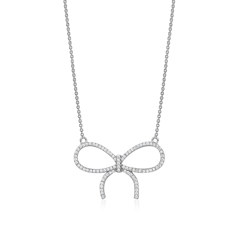 Sterling Silver Necklace Pendant for Girls Large Bow with Simulated Diamonds 17" by Massete