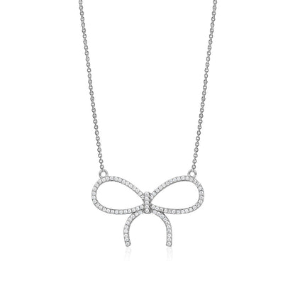 Sterling Silver Necklace Pendant for Girls Large Bow with Simulated Diamonds 17" by Massete