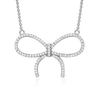 Sterling Silver Necklace Pendant for Girls Large Bow with Simulated Diamonds 17" by Massete