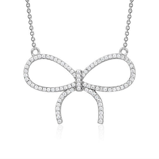 Sterling Silver Necklace Pendant for Girls Large Bow with Simulated Diamonds 17" by Massete