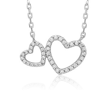 Sterling Silver Necklace Pendant for Girls Double Heart with Simulated Diamonds 17.5" by Massete