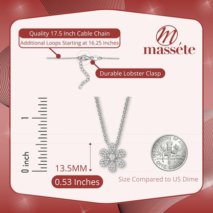 Sterling Silver Necklace Pendant for Girls 6 Petal Flowers with Simulated Diamonds 17.5" by Massete