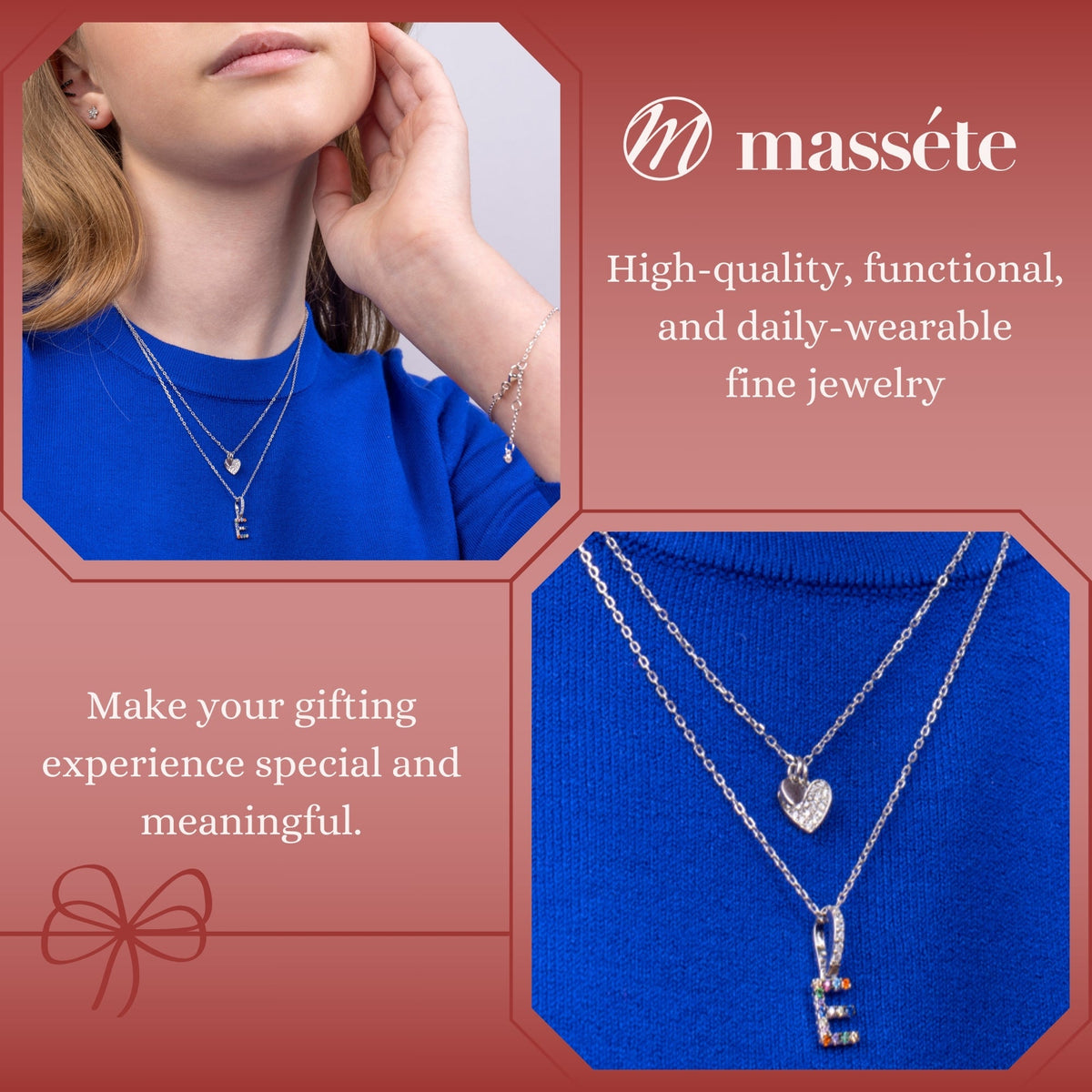 Sterling Silver Necklace Pendant for Girls Petite Heart Charm with Simulated Diamonds 17.5" by Massete