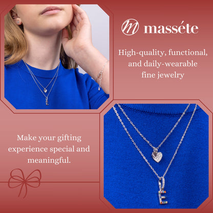 Sterling Silver Necklace Pendant for Girls Petite Heart Charm with Simulated Diamonds 17.5" by Massete