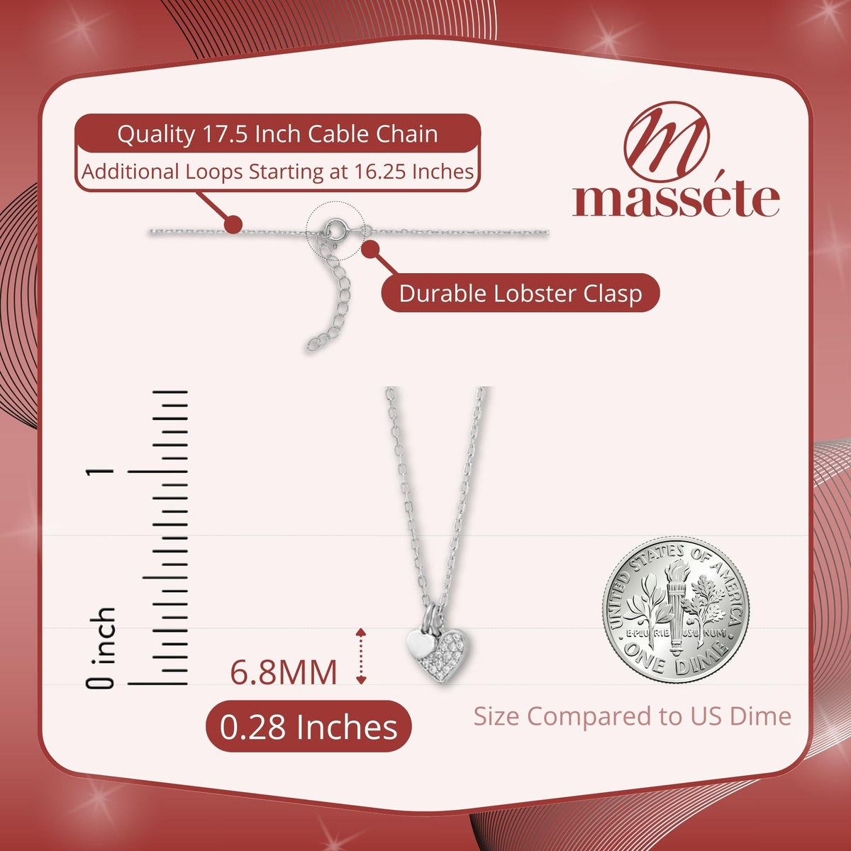 Sterling Silver Necklace Pendant for Girls Petite Heart Charm with Simulated Diamonds 17.5" by Massete