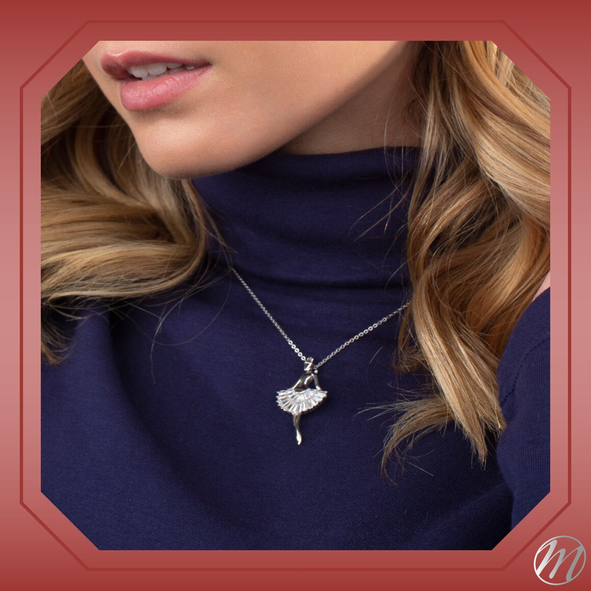 Sterling Silver Necklace Pendant for Girls Ballerina Ballet Dancer with Simulated Diamonds Baguettes 17.5" by Massete