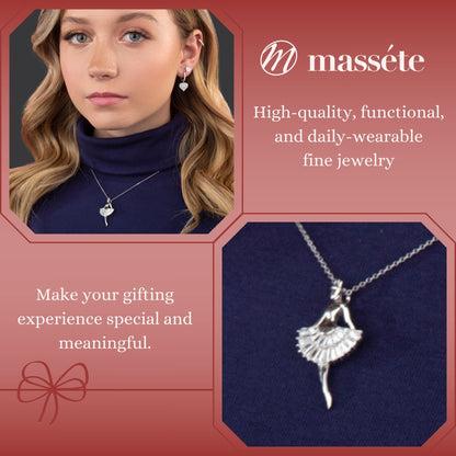 Sterling Silver Necklace Pendant for Girls Ballerina Ballet Dancer with Simulated Diamonds Baguettes 17.5" by Massete