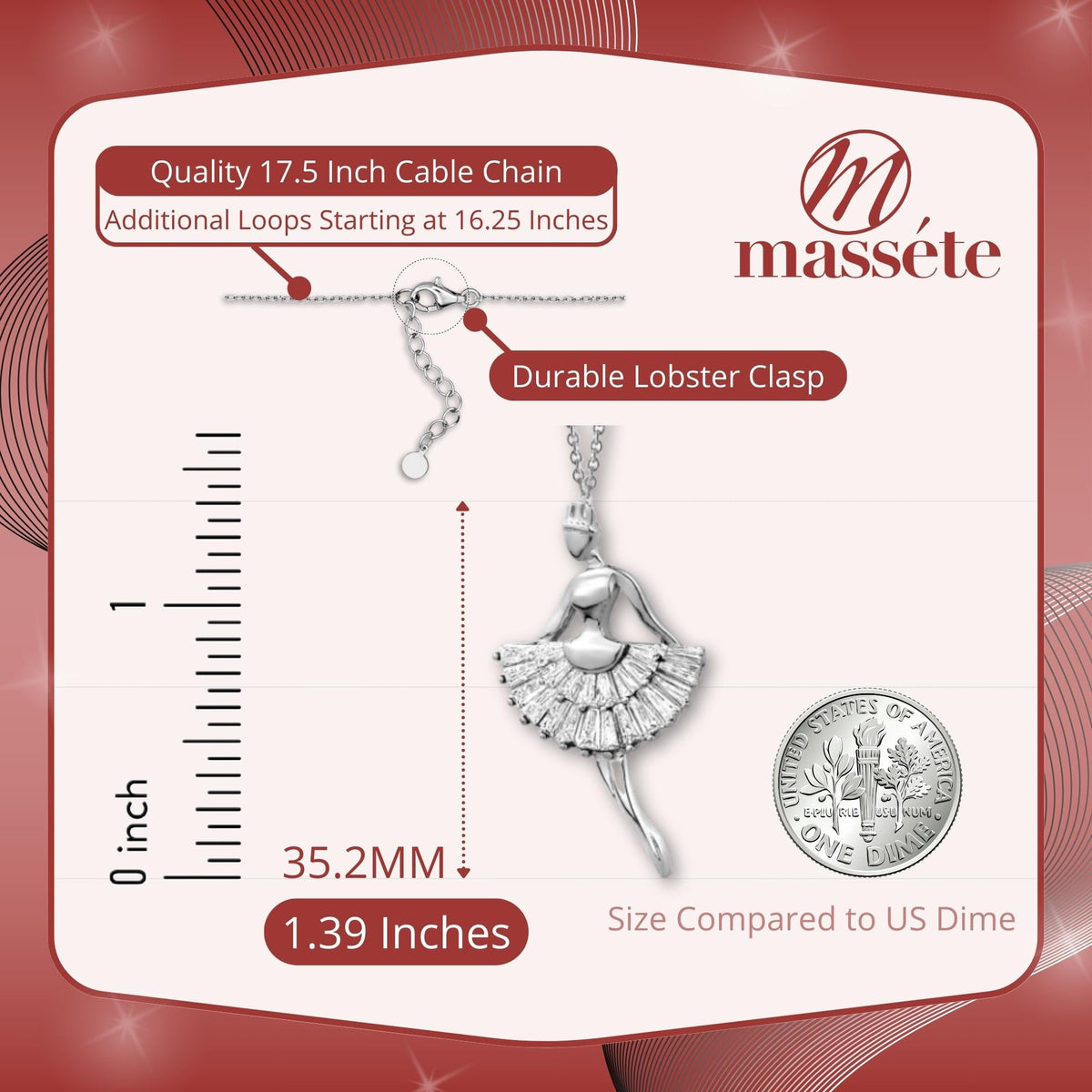 Sterling Silver Necklace Pendant for Girls Ballerina Ballet Dancer with Simulated Diamonds Baguettes 17.5" by Massete