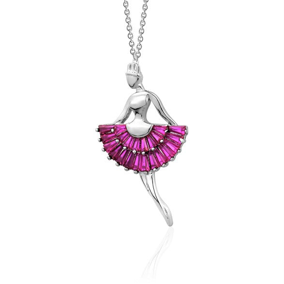 Sterling Silver Necklace Pendant for Girls Ballerina Ballet Dancer with Simulated Diamonds Baguettes 17.5" by Massete