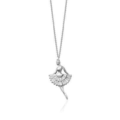 Sterling Silver Necklace Pendant for Girls Ballerina Ballet Dancer with Simulated Diamonds Baguettes 17.5" by Massete