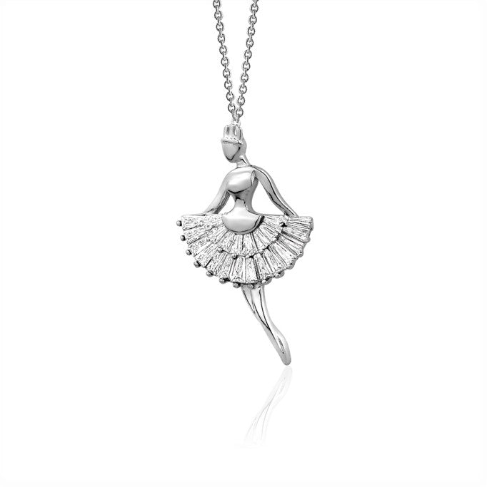 Sterling Silver Necklace Pendant for Girls Ballerina Ballet Dancer with Simulated Diamonds Baguettes 17.5" by Massete