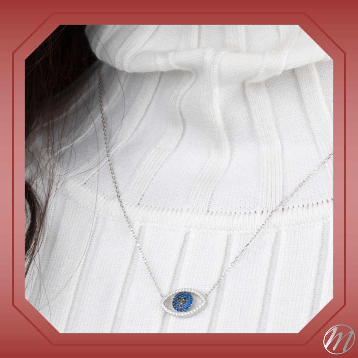 Sterling Silver Necklace Pendant for Girls Symbolic Protective Charm Evil Eye with Simulated Diamonds and Blue Sapphire 17.5" by Massete