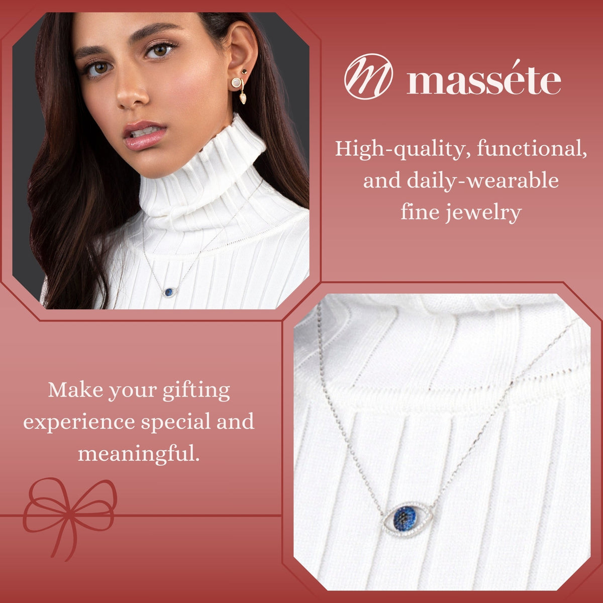 Sterling Silver Necklace Pendant for Girls Symbolic Protective Charm Evil Eye with Simulated Diamonds and Blue Sapphire 17.5" by Massete