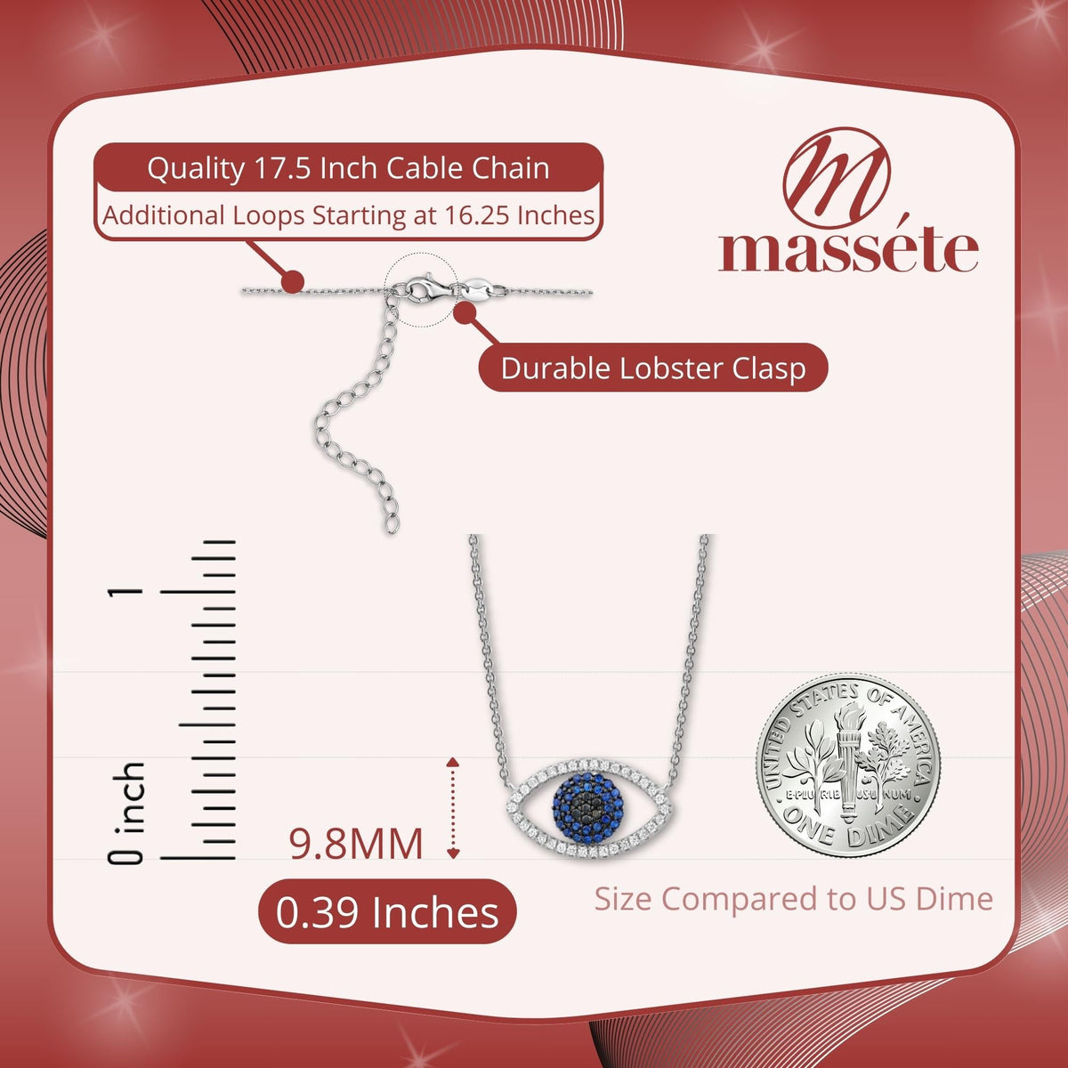 Sterling Silver Necklace Pendant for Girls Symbolic Protective Charm Evil Eye with Simulated Diamonds and Blue Sapphire 17.5" by Massete