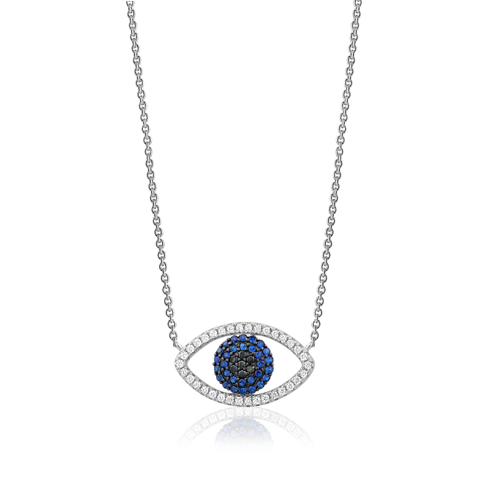 Sterling Silver Necklace Pendant for Girls Symbolic Protective Charm Evil Eye with Simulated Diamonds and Blue Sapphire 17.5" by Massete