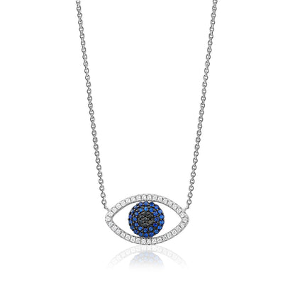 Sterling Silver Necklace Pendant for Girls Symbolic Protective Charm Evil Eye with Simulated Diamonds and Blue Sapphire 17.5" by Massete