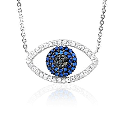 Sterling Silver Necklace Pendant for Girls Symbolic Protective Charm Evil Eye with Simulated Diamonds and Blue Sapphire 17.5" by Massete