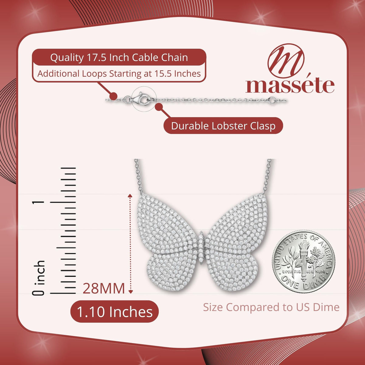 Sterling Silver Necklace Pendant for Girls Very Large Pretty Butterfly with Simulated Diamonds 18" by Massete