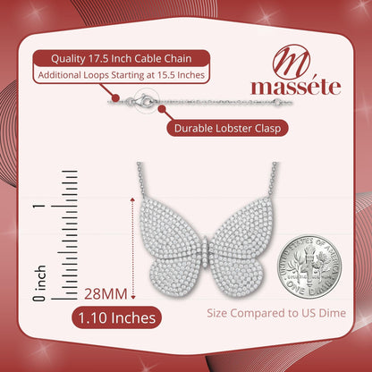 Sterling Silver Necklace Pendant for Girls Very Large Pretty Butterfly with Simulated Diamonds 18" by Massete