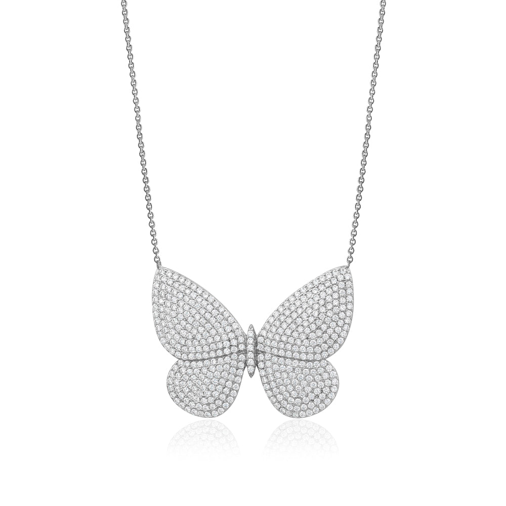 Sterling Silver Necklace Pendant for Girls Very Large Pretty Butterfly with Simulated Diamonds 18" by Massete