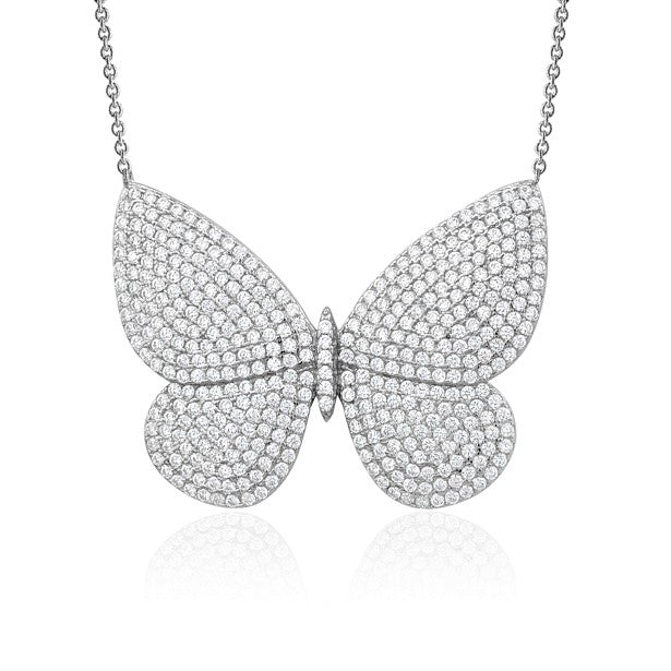 Sterling Silver Necklace Pendant for Girls Very Large Pretty Butterfly with Simulated Diamonds 18" by Massete