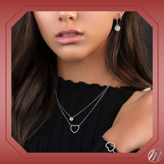 Sterling Silver Tilted Heart Necklace Pendant for Girls with Simulated Diamonds 17.5" by Massete