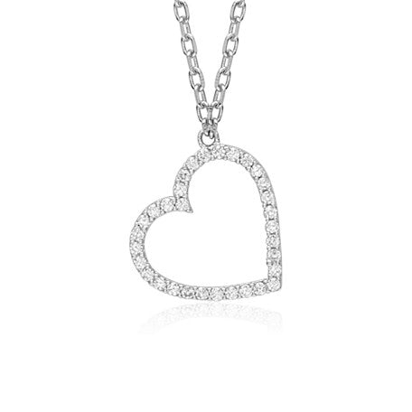 Sterling Silver Tilted Heart Necklace Pendant for Girls with Simulated Diamonds 17.5" by Massete
