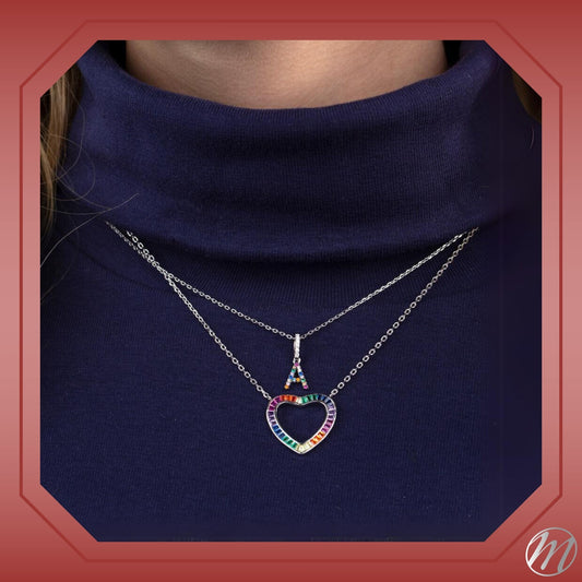 Sterling Silver Rainbow Heart Necklace Pendant for Girls Multi Color Simulated Gemstones tapered baguettes by Massete