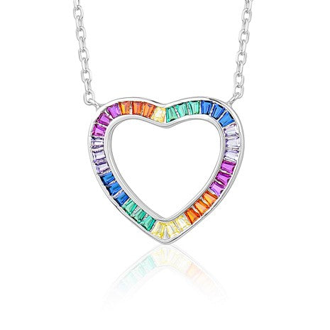 Sterling Silver Rainbow Heart Necklace Pendant for Girls Multi Color Simulated Gemstones tapered baguettes by Massete