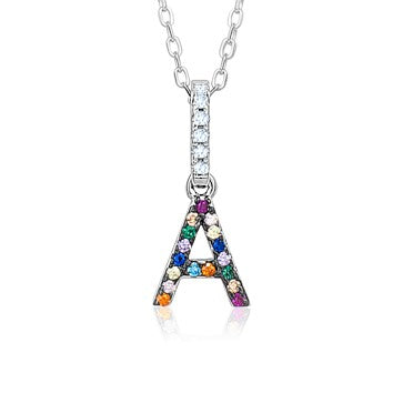 Sterling Silver Initial Necklace Pendant for Girls Multi Color Rainbow Simulated Gemstones Letters by Massete