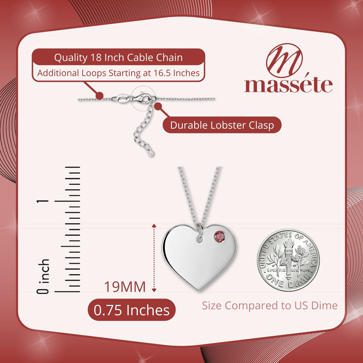 Sterling Silver 925 Personalized Engraved Heart Necklace with Simulated Birthstone Custom Engravable Pendant for Women and Girls by Massete