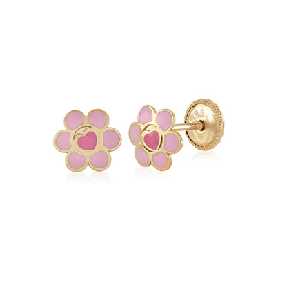 MASSETE 14k Yellow Gold Screwback Earrings Flower and Heart Pink for Children by Massete