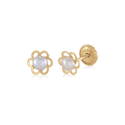 MASSETE 14k Yellow Gold Screwback Earrings Flower Open with Cultured Pearl for Baby and Children by Massete