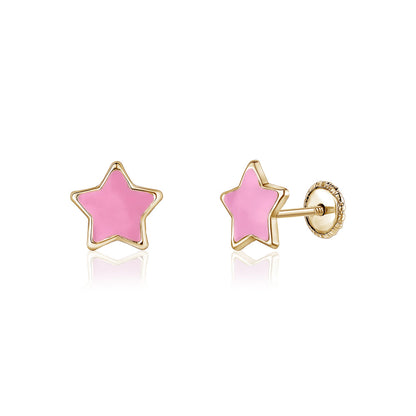 14k yellow gold star stud earrings with pink enamel by Massete