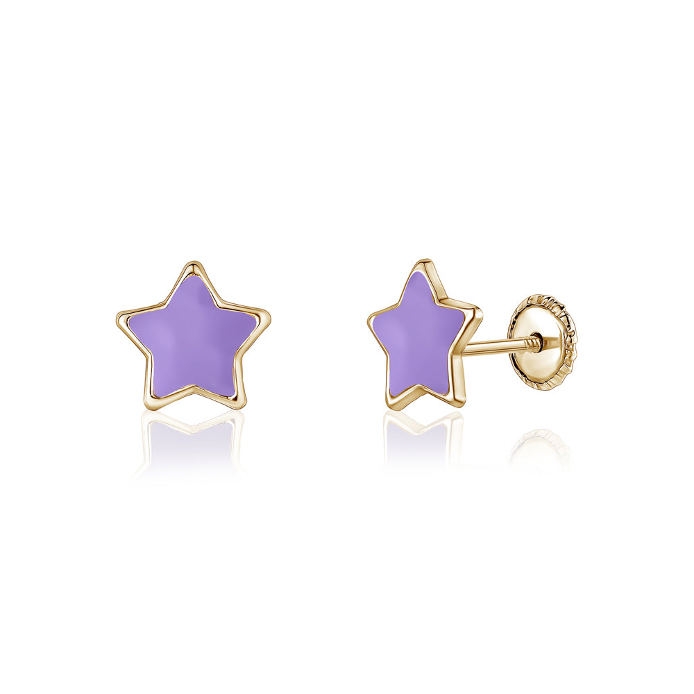 14k yellow gold star stud earrings with purple enamel by Massete