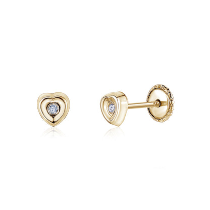 14k Gold CZ Heart Earrings Screwback for Baby Girls or Multiple Piercings Yellow with Simulated Diamond by Massete