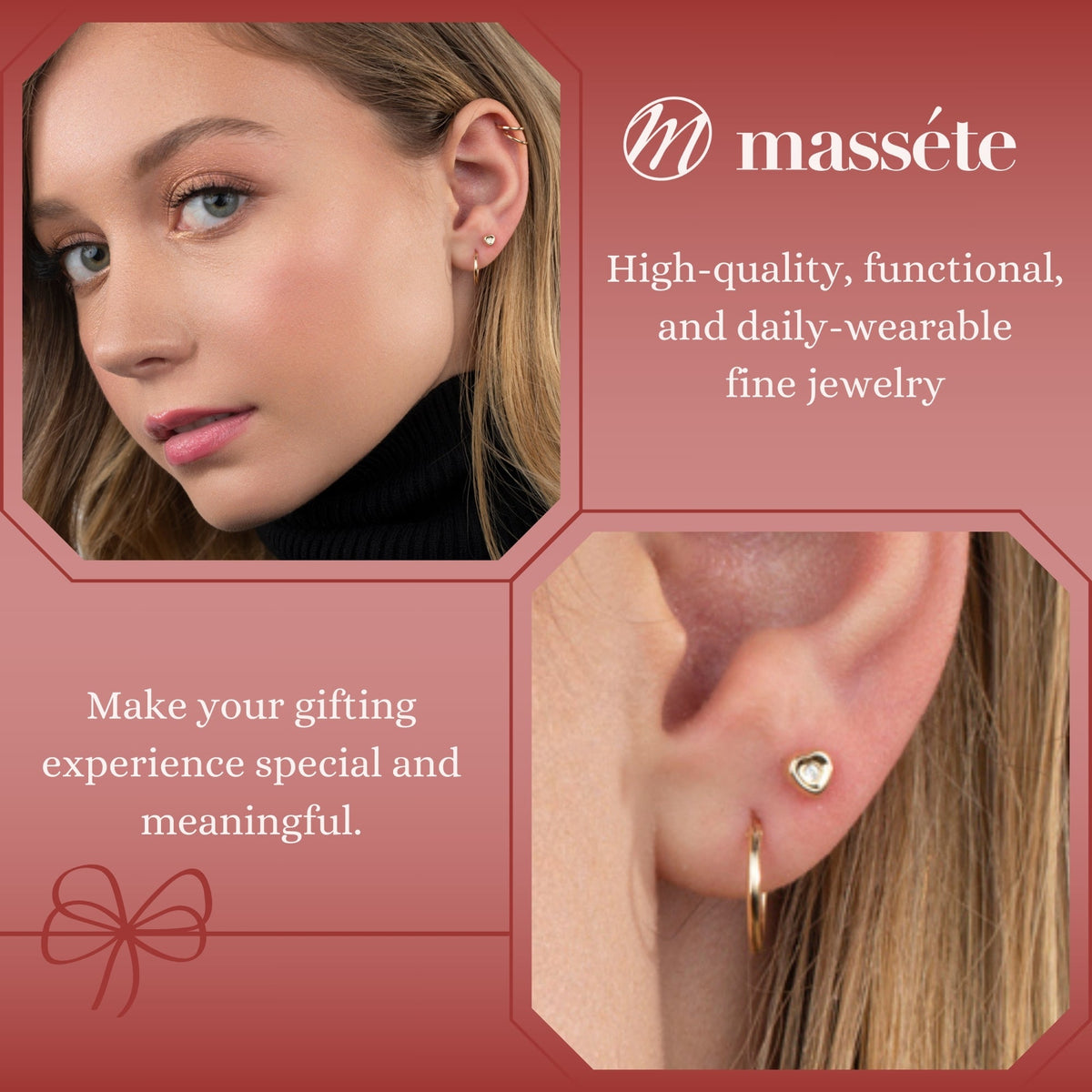 14k Gold CZ Heart Earrings Screwback for Baby Girls or Multiple Piercings Yellow with Simulated Diamond by Massete