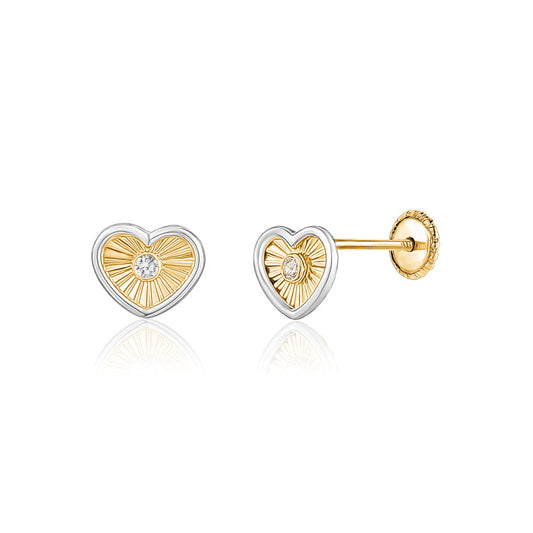 14k yellow gold sunray heart stud earrings with CZ by Massete